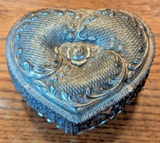 Vintage Silver Heart Shape HInged Trinket Box Red Velvet Lined Interior %"