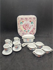 Doll House Tea/Dinner Set 14 Piece Set Porcelain Floral Pattern w/ Storage Tin