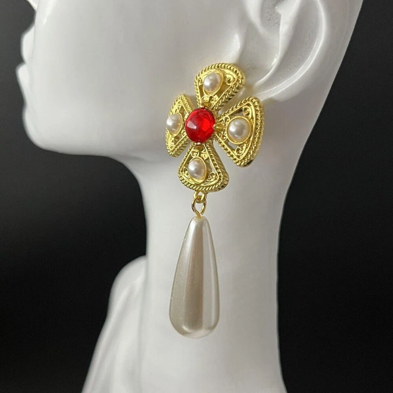 Cross Earrings Faux Pearl Dangle Drop Gold Red Mogul Pierced - Image 2 of 4