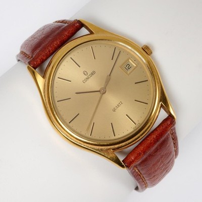Concord 18K Gold Electroplated Swiss Quartz Men s Watch Brown Leather Date