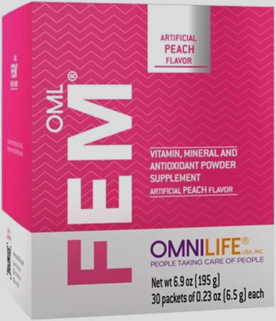 Omnilife FEM Women's Health Vitamin Powder, Peach Flavor, 30 Packets 6.9 oz