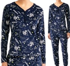 HARRY POTTER Leviosa Fleece Pajama Set Size L 12-14 Navy Henley Top Loungewear
