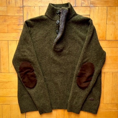 Barbour Essential Patch Half Zip Wool Sweater Olive Green Elbow Patch Size M