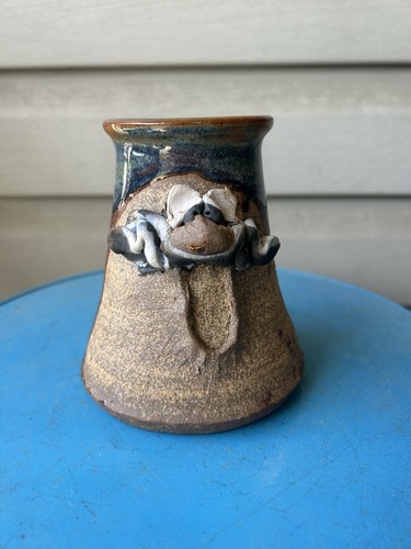 Vintage Funny Ugly Face Blue Drip Folk Art Pottery Mug 16oz Signed Kitsch