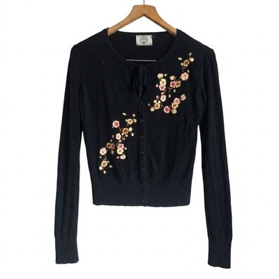 Dancing Days by Banned Retro Cardigan Black Embroidered Floral Blossom  12 14