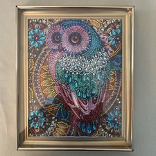 Framed Completed Owl Diamond Jewel Craft-Size approx 8  W X 9.5 H Frame Is 9x11