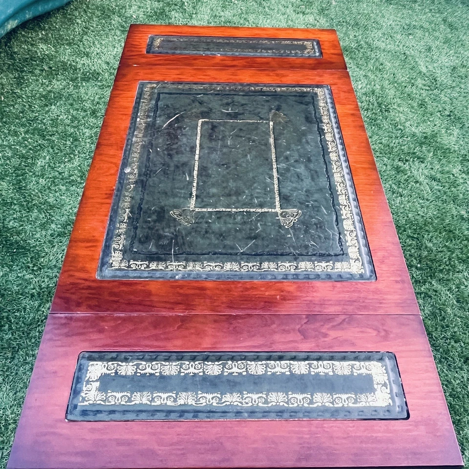 Art Deco Foldable Side Games End Table Leather Gold Leaf Top Brass Claw Casters - Image 2 of 4