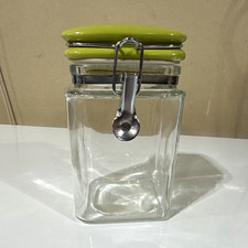 Square Clear Glass Storage Jar with Green Clamp Lock Lid 7" H x 4" D