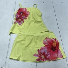 Hibiscus Floral Tankini Swimsuit Set Womens Large Yellow 2 Piece Swim Skirt