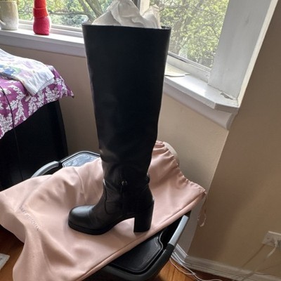 Stuart Weitzman Black Knee High Leather Riding Boots Block Heel Buckle 8.5
