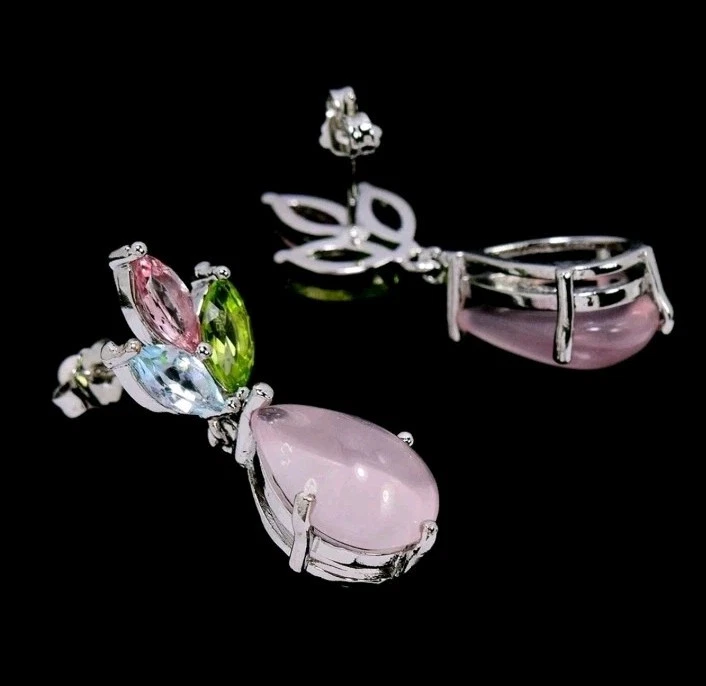 925Sterling Silber Ohrstecker HÄNGER Echte Edelsteine Rosenquarz +u.a.585K... - Bild 3 von 4