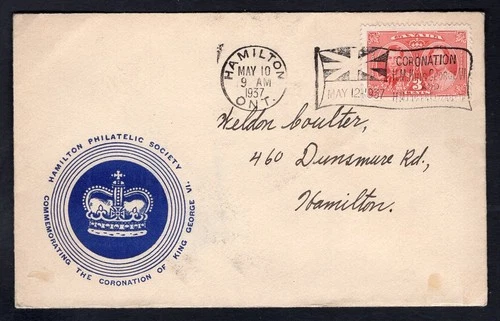 CANADA 1937 Coronation FDC Cover; Hamilton Philatelic Society Cachet; UNLISTED