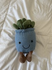 Succulent Plush Potted Plant - 7" Blue Planter Soft Toy Decoration - EUC