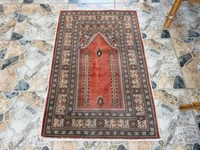 Small Vintage Turkish Prayer Rug 2x4 Hand Knotted Coral Red Floral Accent Carpet
