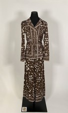 1970s Emilio Pucci silk skirt set, blouse, brown floral, collar, belt size 6 VG