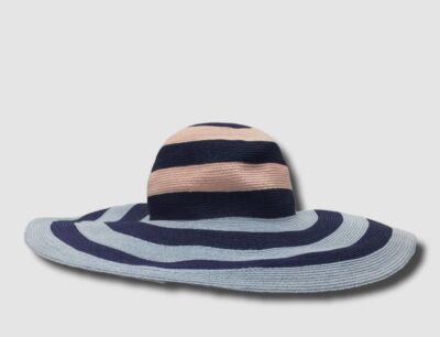 $396 Eugenia Kim Women's Blue Pink Striped Straw Wide Brim Sun Hat O/S