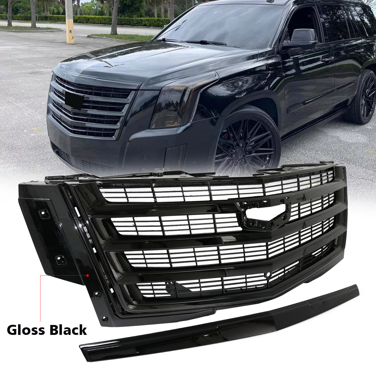 For 2015-2020 Cadillac Escalade Platinum Front Grille + Hood Molding Trim Black