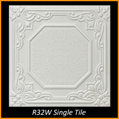 R32 White Decorative Styrofoam Glue Up Ceiling Tiles 20x20 Tin Look Pack of 40