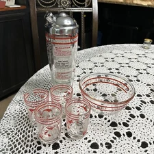 MCM Art Deco  Cocktail Shaker To Your Health Recipe Glass 32 oz +  Glasses Bowl
