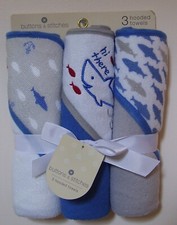 Buttons Stitches 3 Pc White Blue Grey Hooded Shark Baby Toddler Bath Towels