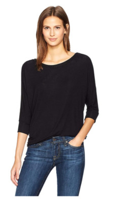 NWT Splendid Women's 2x1 Rib 3/4 Sleeve Split Shoulder Size S Black $80 K118