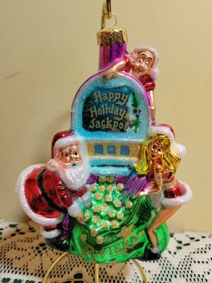 VTG RIVIERA CASINO  HAPPY HOLIDAYS JACKPOT SLOT ORNAMENT BLOWN GLASS 1990's 