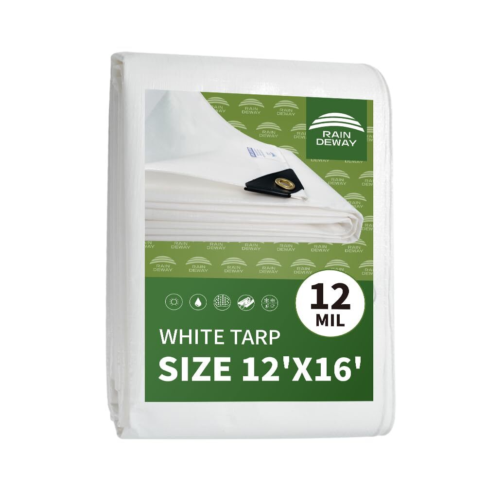 12 Mil Heavy Duty White Tarp 12x16 Feet, UV Resistant, Waterproof, Weatherpro...