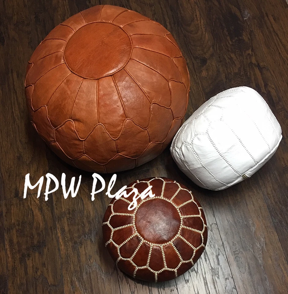 MPW Plaza Mini Pouf, White, Moroccan Leather Footrest - Image 2 of 2
