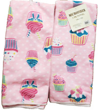 Set of 2 Same Microfiber Kitchen Printed Towels 15"x25" VARIOUS CUPCAKES ON PINK