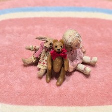 Miniature Dollhouse Jointed Clay Teddy Bear With Red Scarf (Signed 1982) OOAK