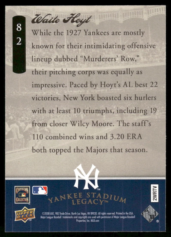 Waite Hoyt 2008 Upper Deck Yankee Stadium Legacy Final Season  Yankees #82 NM - Image 2 of 2