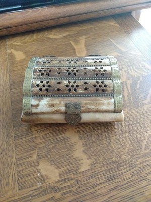 Antique Camel Bone Dresser Top Trinket / Jewelry Box With Brass Hardware 