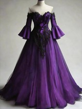 Gothic Purple And Black Wedding Dress Lace Appliques Off Shoulder Flare Sleeve