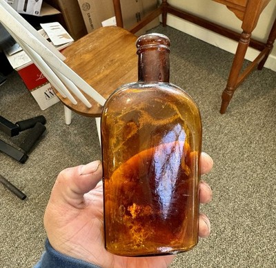 Nice Early Blown Amber Strap Side Whiskey Flask Bottle Bourbon 1890s Era 1/2 Pt