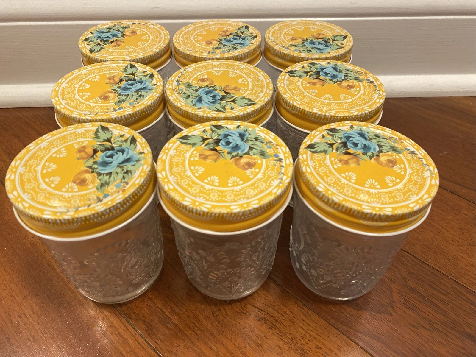 Lot Of 9 The Pioneer Woman Mason Glass Jars Betsy Design 8 Oz Regular Mouth New