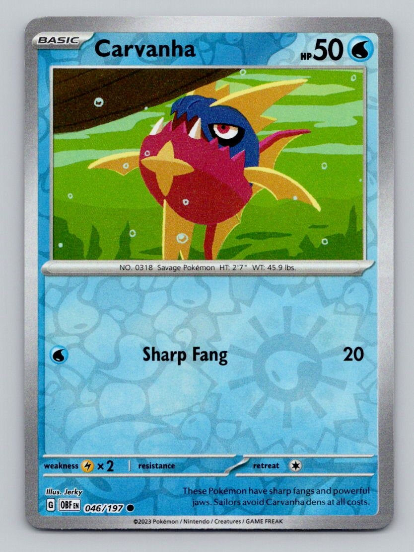 Carvanha 046/197 Common Obsidian Flames Pokemon Reverse Holo Near Mint