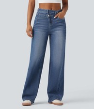 NWT Halara Flex Asymmetric High Waisted Washed Baggy Jeans Tide Blue Denim XS