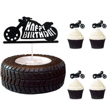 25 Pcs Motorcycle Happy Birthday Cake Topper and Motorcycle Cupcake Toppers f...
