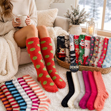 6 Pair Women Knee High Winter Socks Soft Fuzzy Cozy Slipper Long Fleece Lot 9-11
