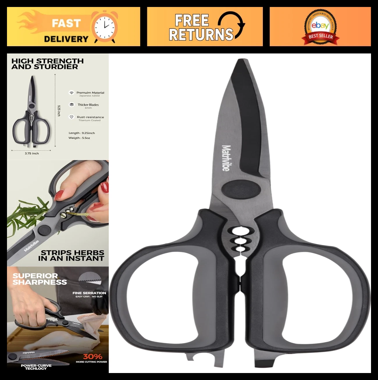 Heavy Duty Kitchen Shears - All Purpose Scissors, Stainless Steel, Detachable Bl
Opens in a new wind