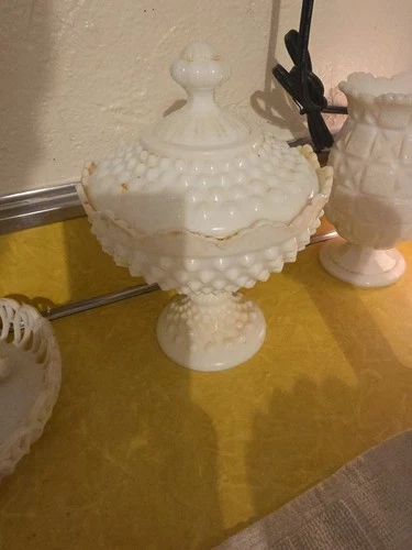 Vintage Fenton Milk Glass Hobnail Pedestal Lidded Candy Dish 6.5"