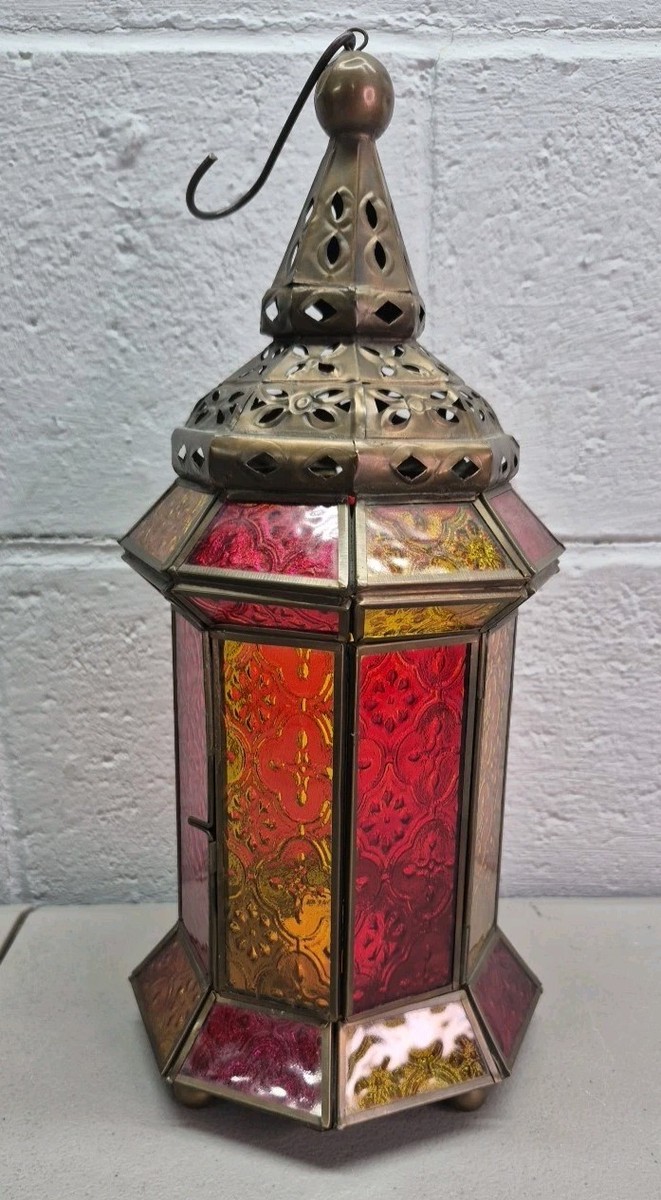 Ramadan Lantern Brass Finish Stained Glass Red Yellow 13