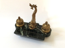GILT BRONZE 19TH C DOLPIN INKWELL & STAND WITH QUALITY MARBLE BASE IN VGC