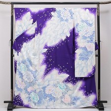 Japanese KIMONO Furisode PURE SILK ANTIQUE Peony Flower Pattern Purple