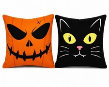 Halloween Pumpkin  Black Cat Throw Pillow Covers Set of 2 Hidden Zipper 18x18