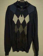 Mens Large IZOD Sweater 1/4 Zip Long Sleeve Navy Blue Argyle Golf Pullover