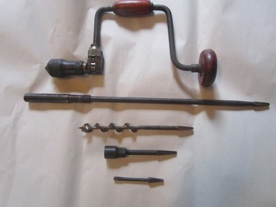 Vintage 12'' Ratcheting Brace Drill, 18'' Extension, 1/2 Adapter, Bit, Screwdriver