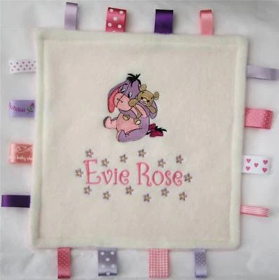 Personalised Tag Blanket Eeyore Satin Ribbon Taggy Baby Girl or Boy Unique Gift