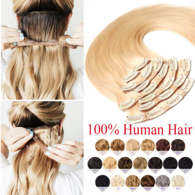 12-24Inch Russian Real Remy Human Hair Extensions Clip In 100%Full Head 8PCS 8A
