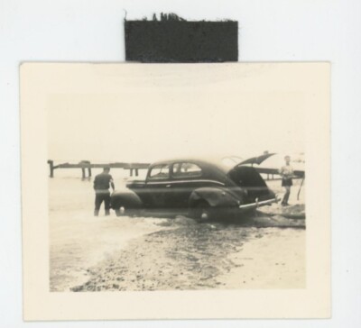 Vintage Photo Snapshot Car Stuck On Sandy Beach Tide Water Car Accidents 1950s